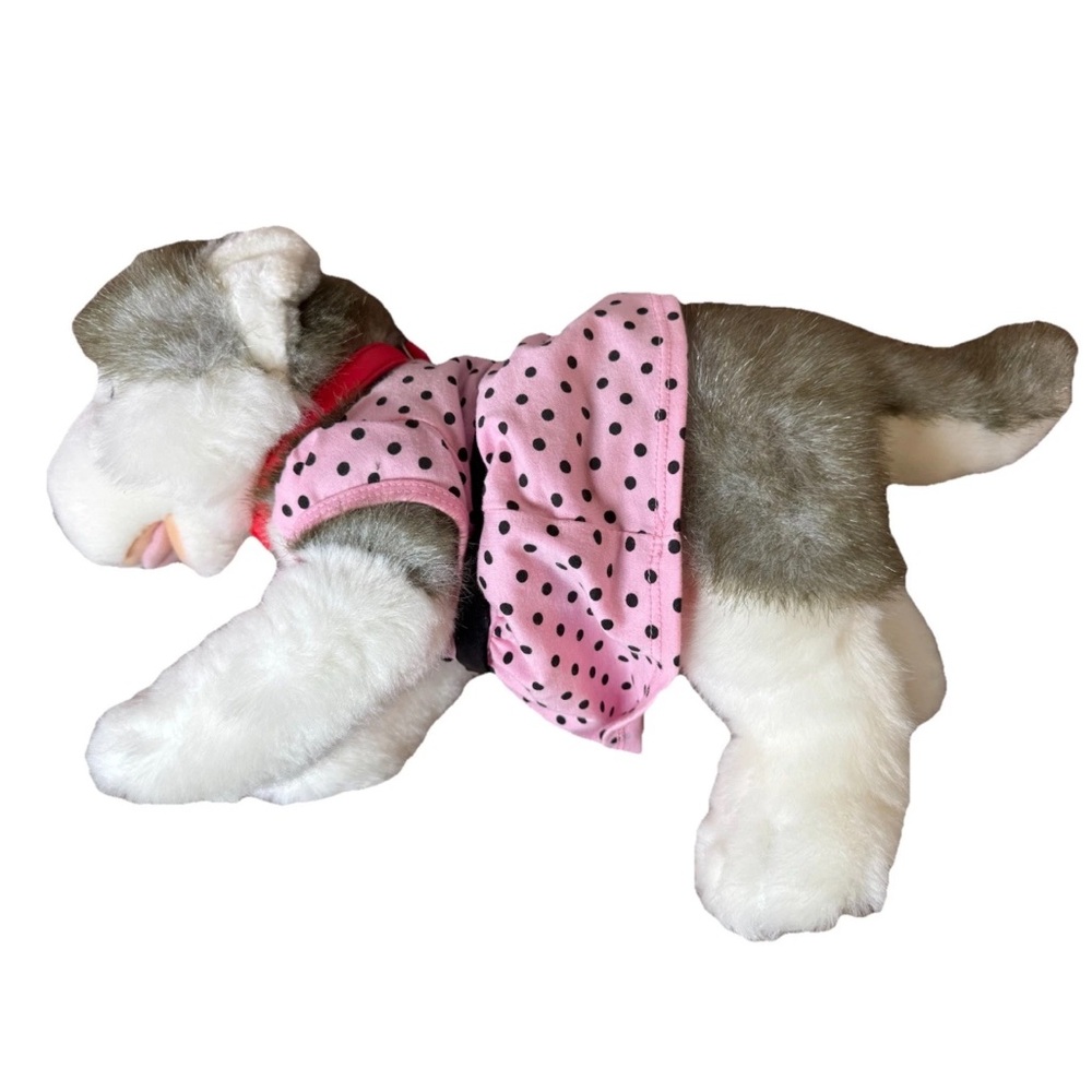 Build-A-Bear Siberian Husky Dog Gray White Pink Polka Dot Dress Plush Toy 16”